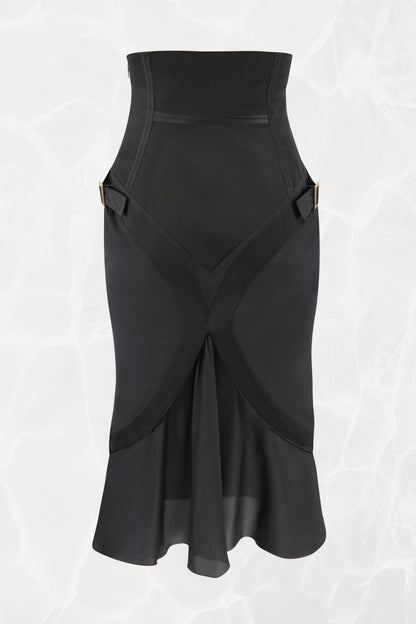 Tom Ford for Gucci FW03 black silk skirt alternate view: crossover wrap-front hem detail, gold-tone hardware side strap buckles, flared bias-cut hem with soft release, Fall 2003