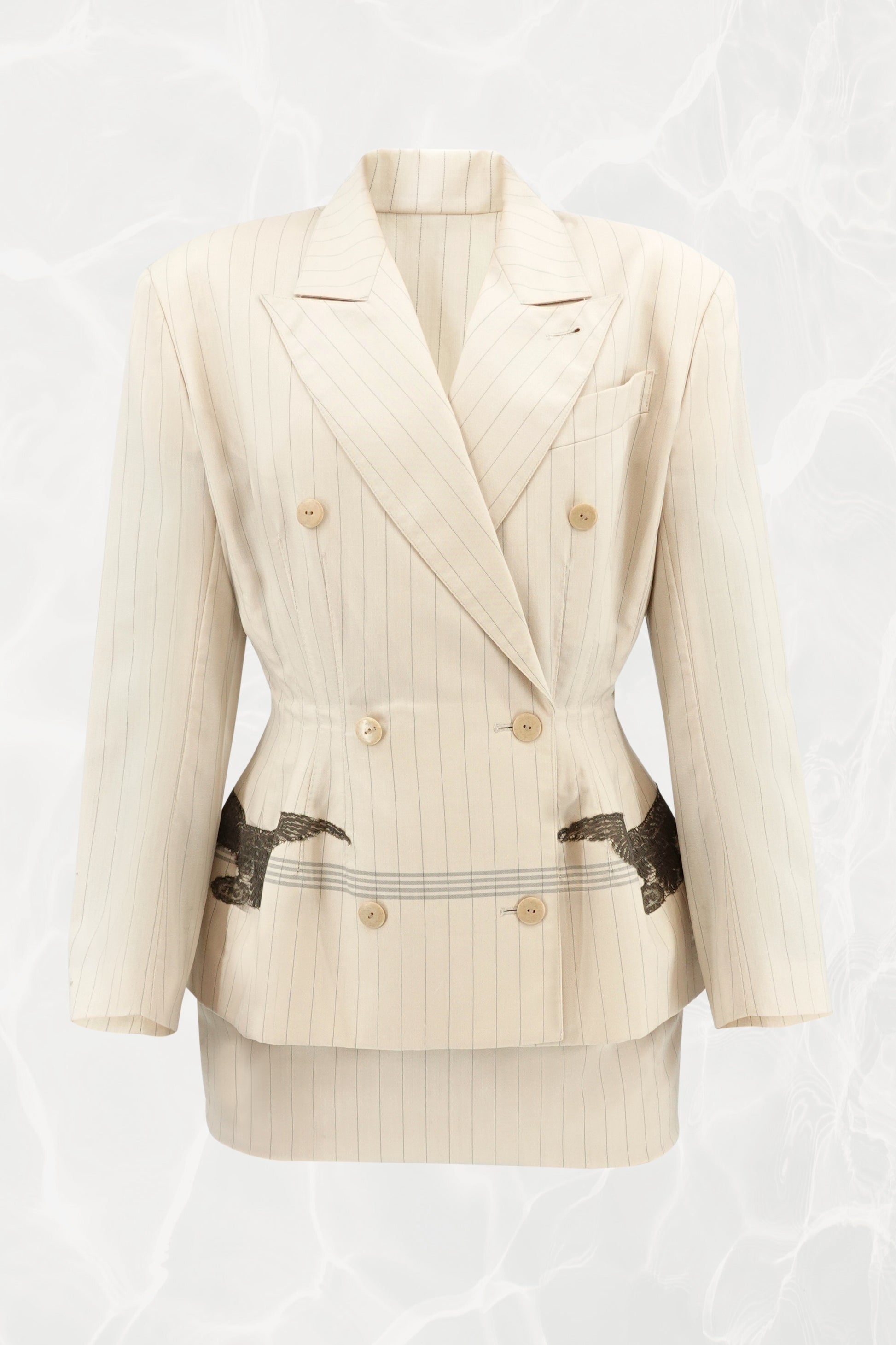 SS88 Pinstripe Tailored Skirt Suit with Lace Eagle Appliqué