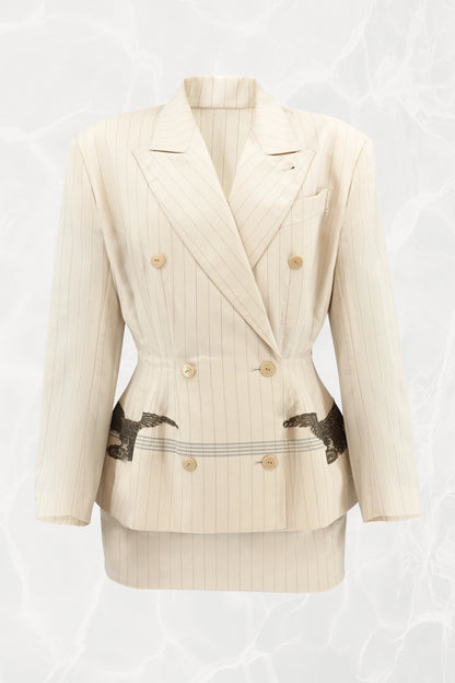 SS88 Pinstripe Tailored Skirt Suit with Lace Eagle Appliqué