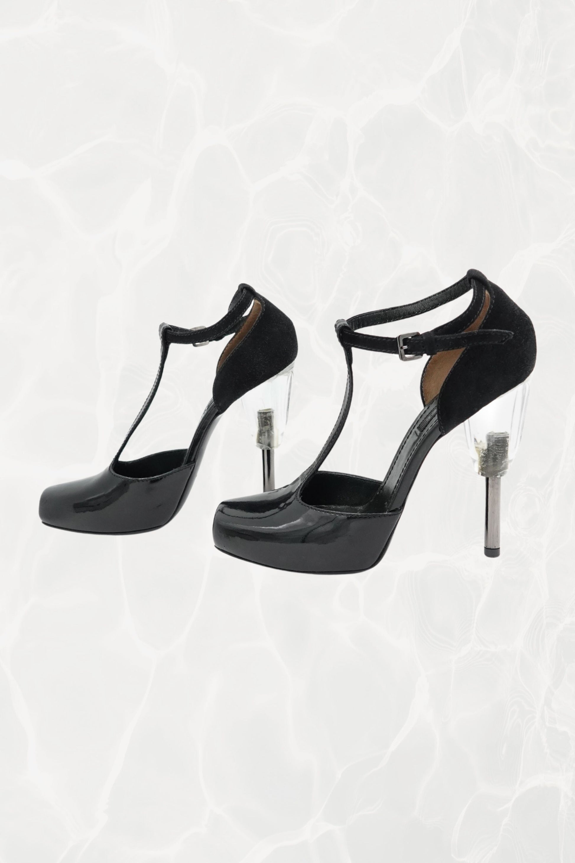 Early 2000s Patent T-Strap Lucite Heel Pumps