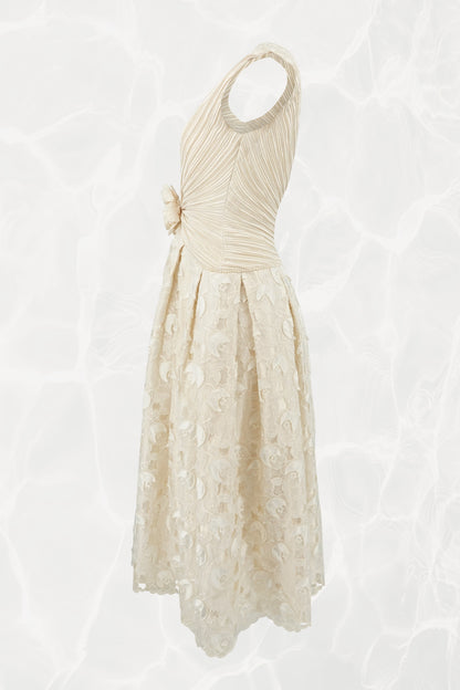 Vintage 1990s Ivory Pleated Bodice Satin Appliqué Ball Gown