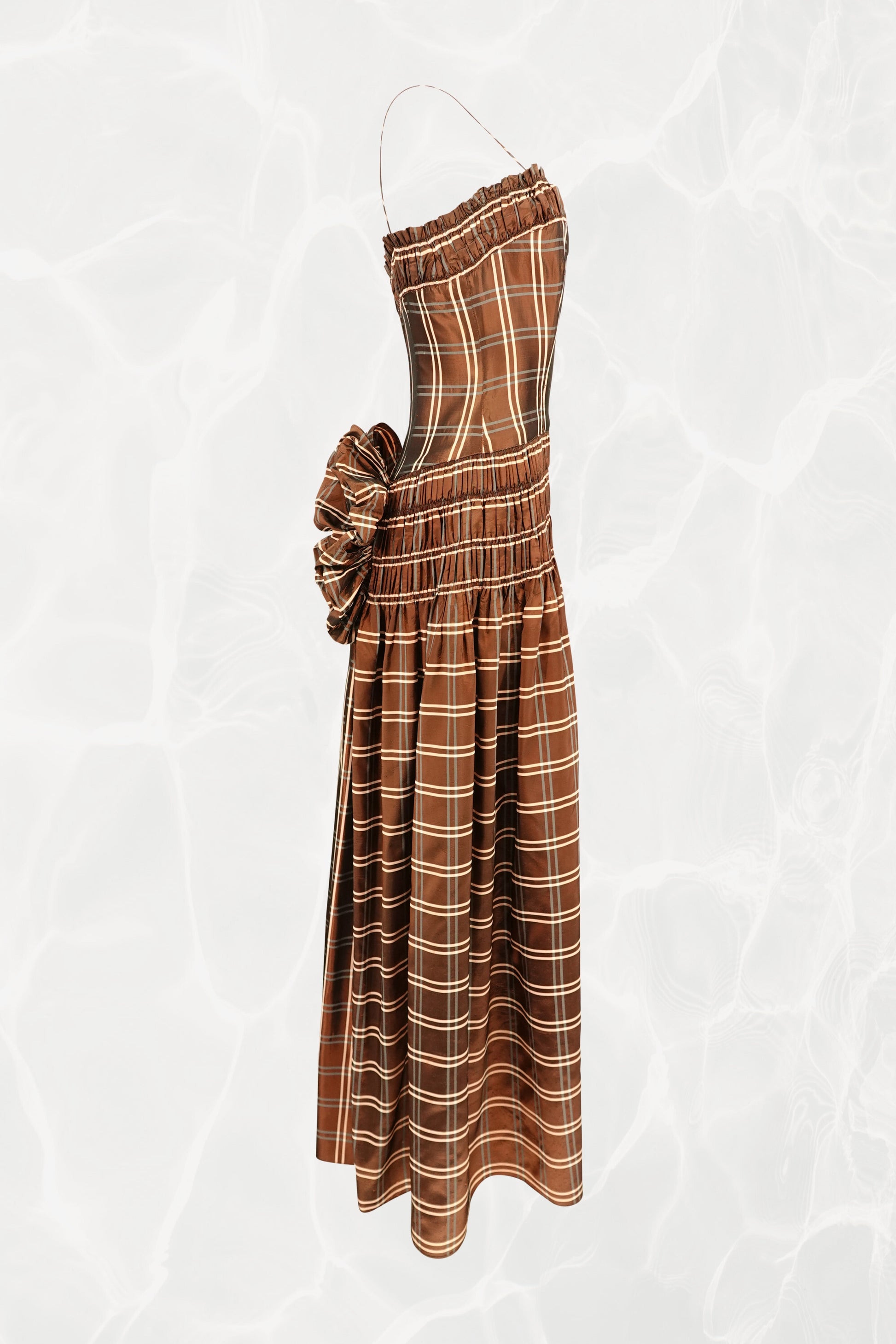Party Lines by Domb 1940s brown plaid taffeta gown, three-quarter front — Disco Palma