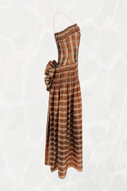 Party Lines by Domb 1940s brown plaid taffeta gown, three-quarter front — Disco Palma