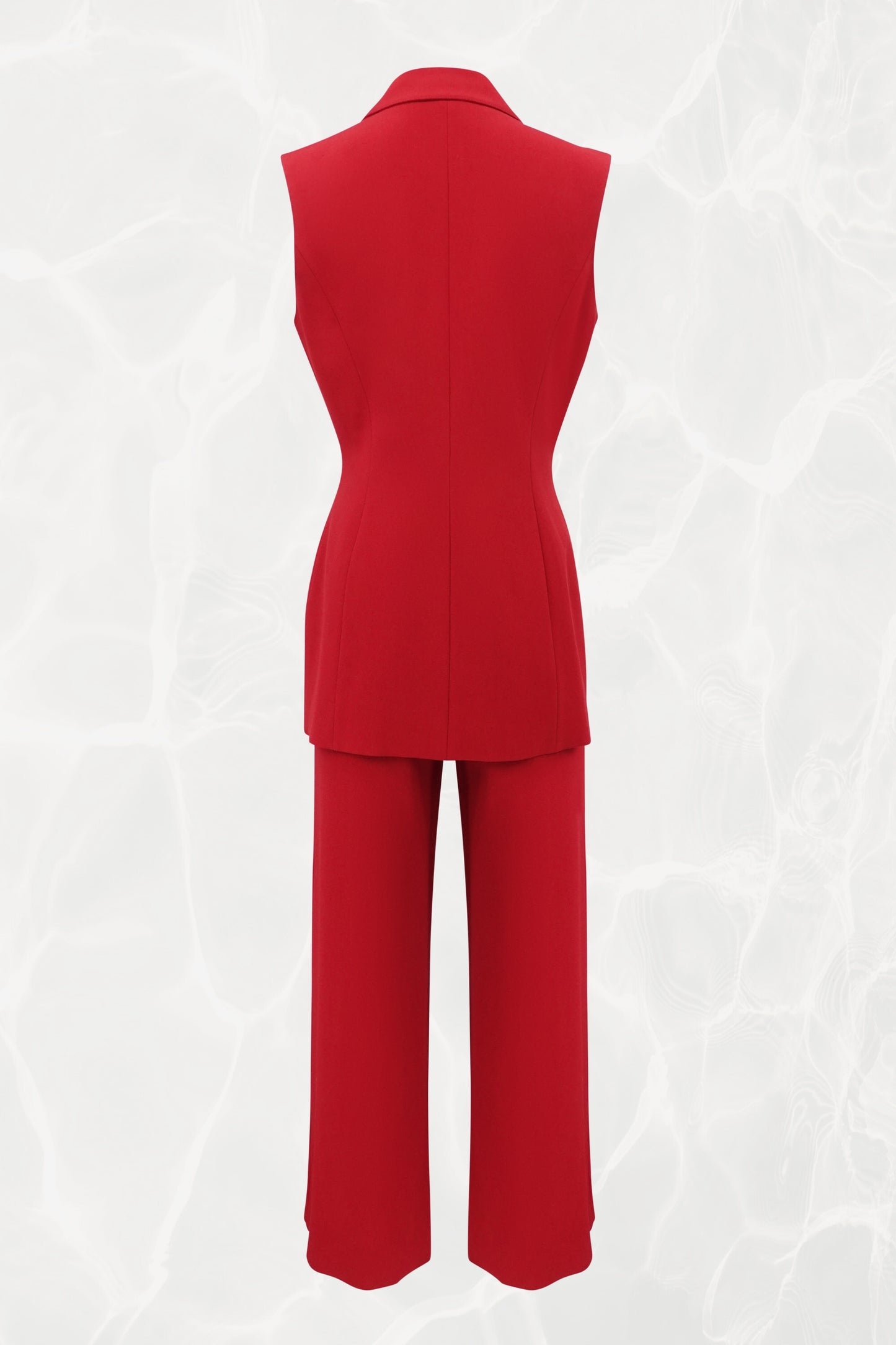Red Sleeveless Asymmetrical Crepe Suit Set, C. Late 90s–early 2000s