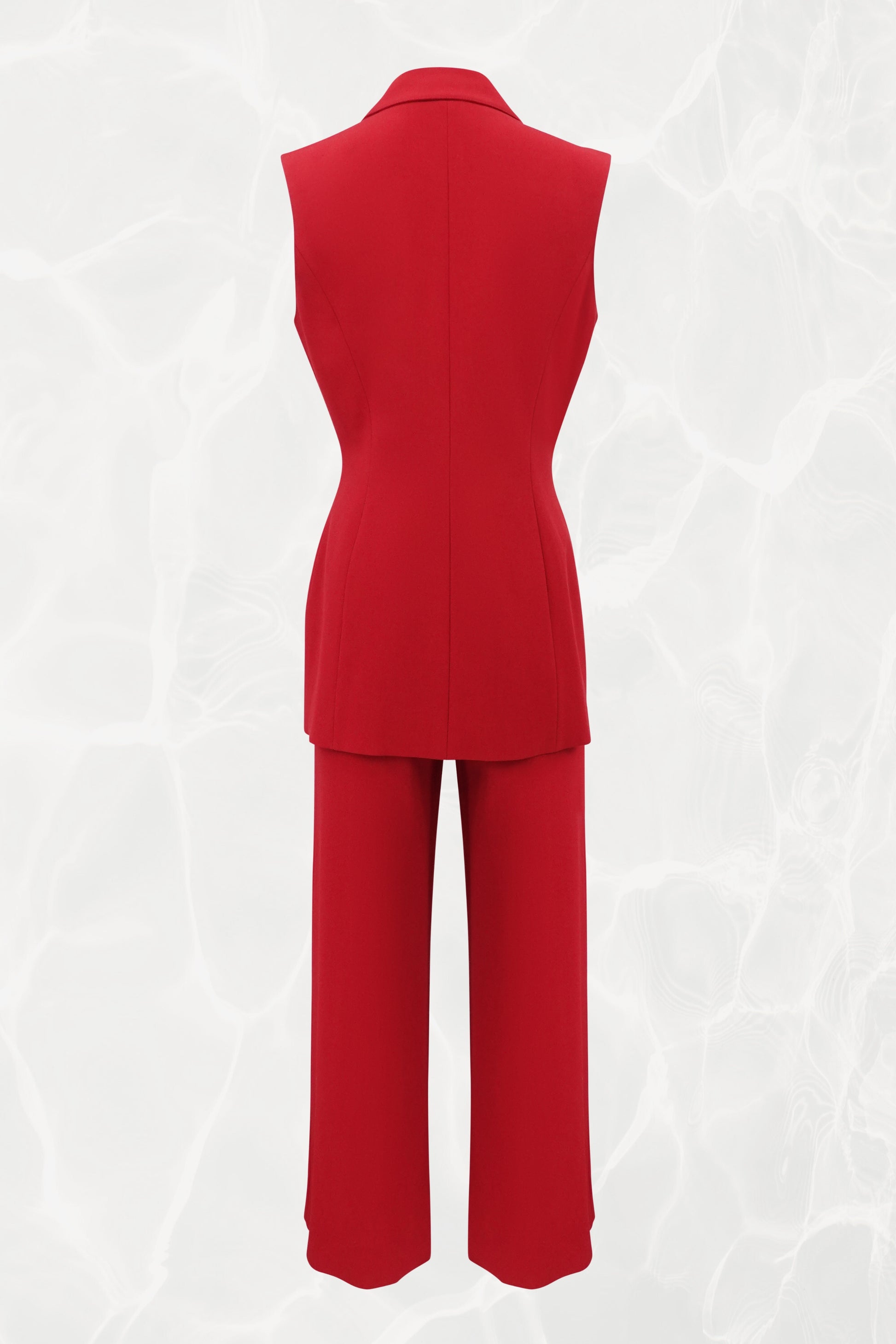 Red Sleeveless Asymmetrical Crepe Suit Set, C. Late 90s–early 2000s