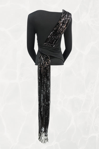Asymmetrical Black Sequin Sash Long Sleeved Jersey Top NWT