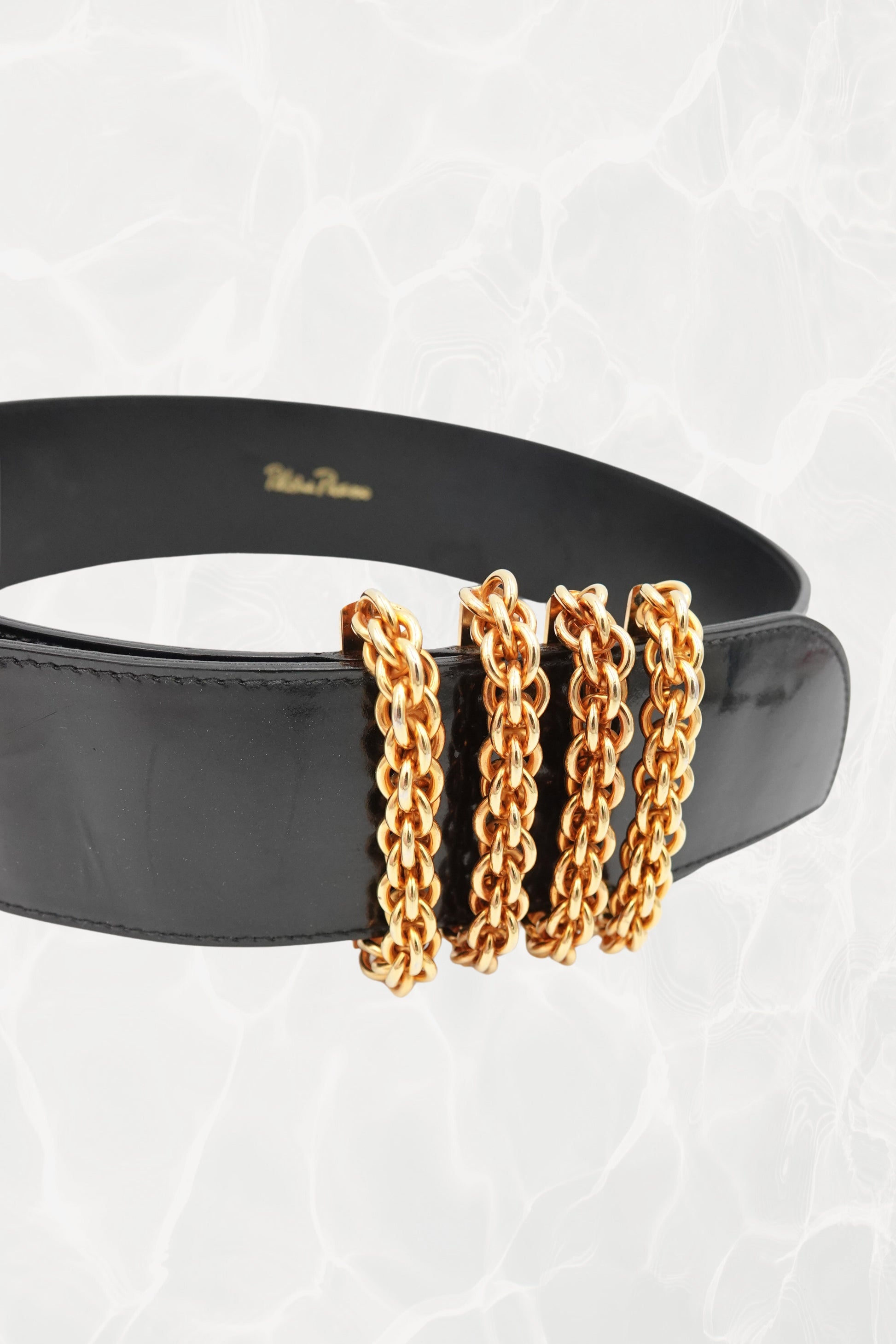 Vintage Black Patent Leather Belt with Chunky Gold Hardware