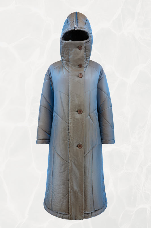 Fall 1993 Runway Iridescent Quilted Cocoon Coat with Hood