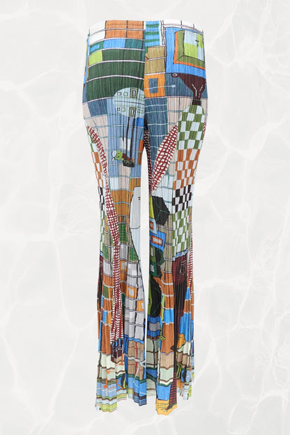 Pleats Please Issey Miyake 2001 archival print flare pants alternate view: full-length side view showing multicolor geometric graphic print and wide flared leg silhouette, 2001