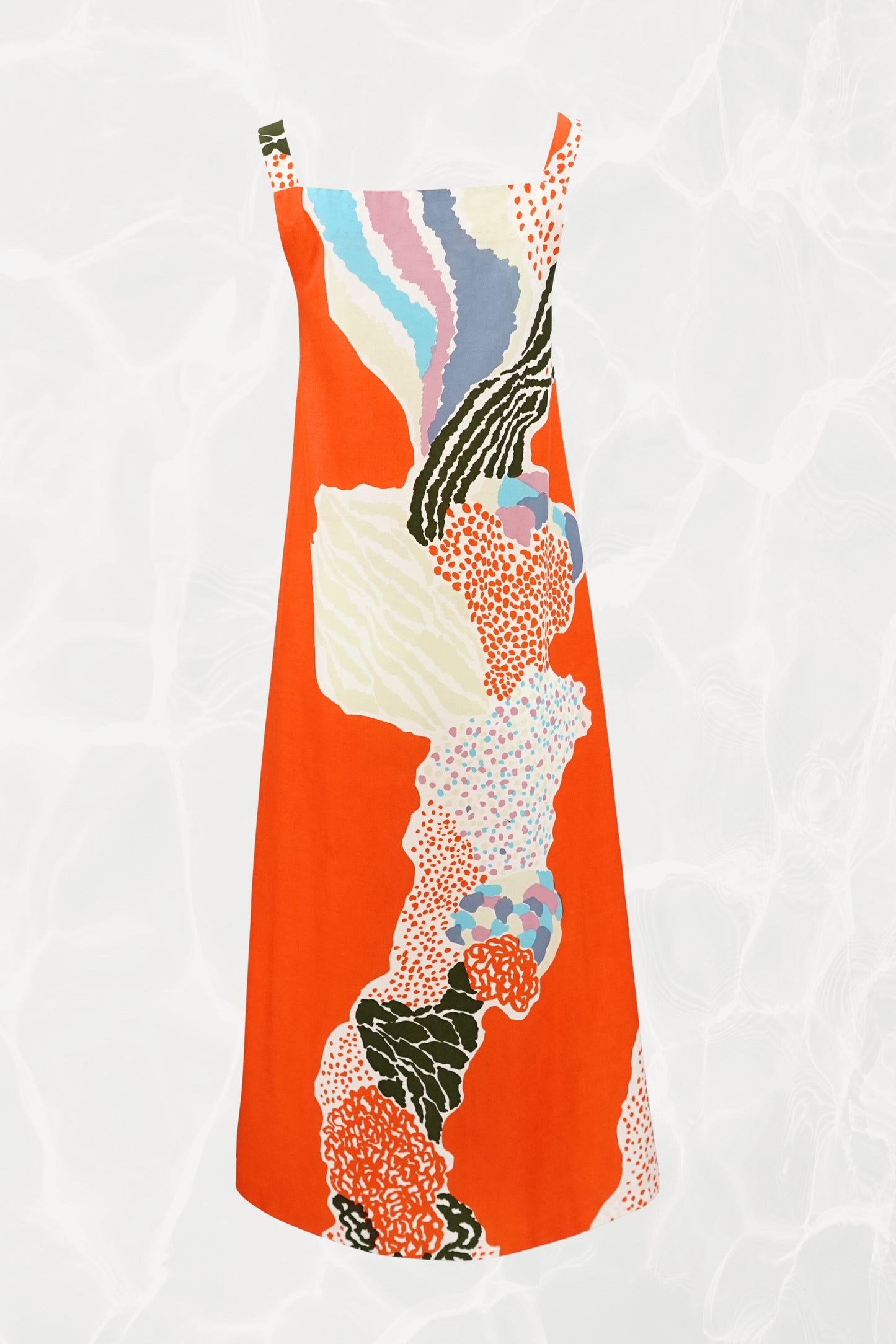 Marimekko 1978 orange abstract print maxi dress, back view — Disco Palma