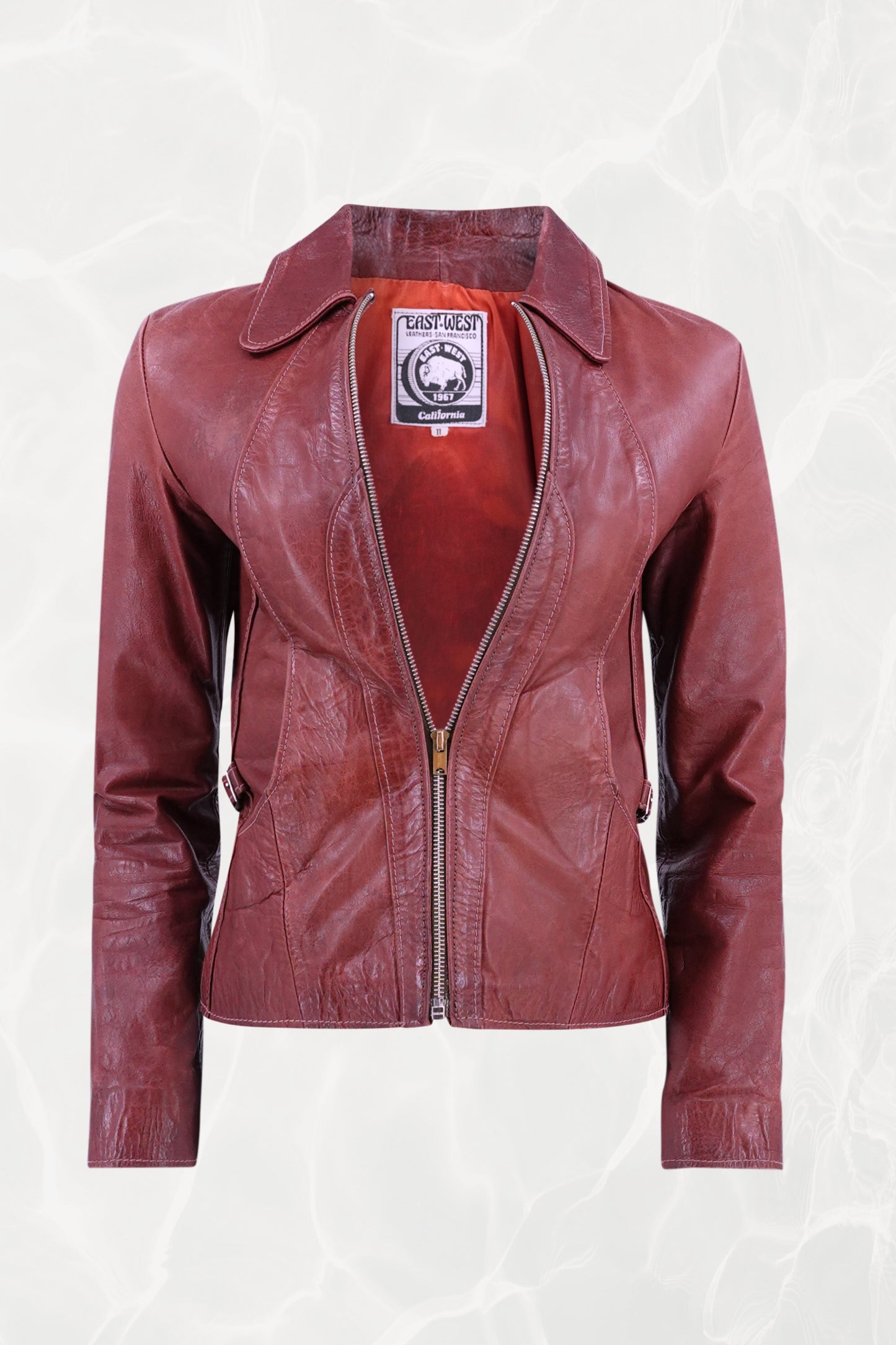 East West Musical Instruments 1970s burgundy leather jacket, three-quarter front — Disco Palma