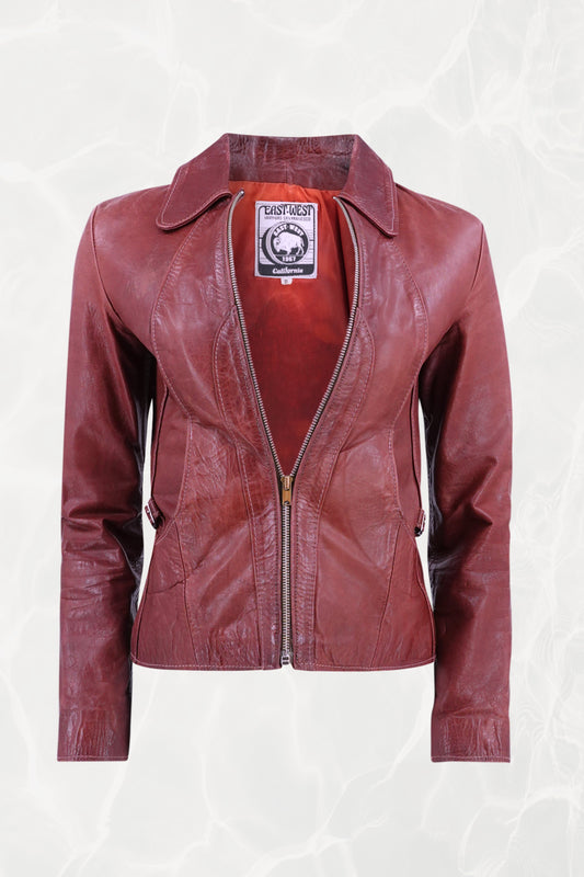 East West Musical Instruments 1970s burgundy leather jacket, three-quarter front — Disco Palma