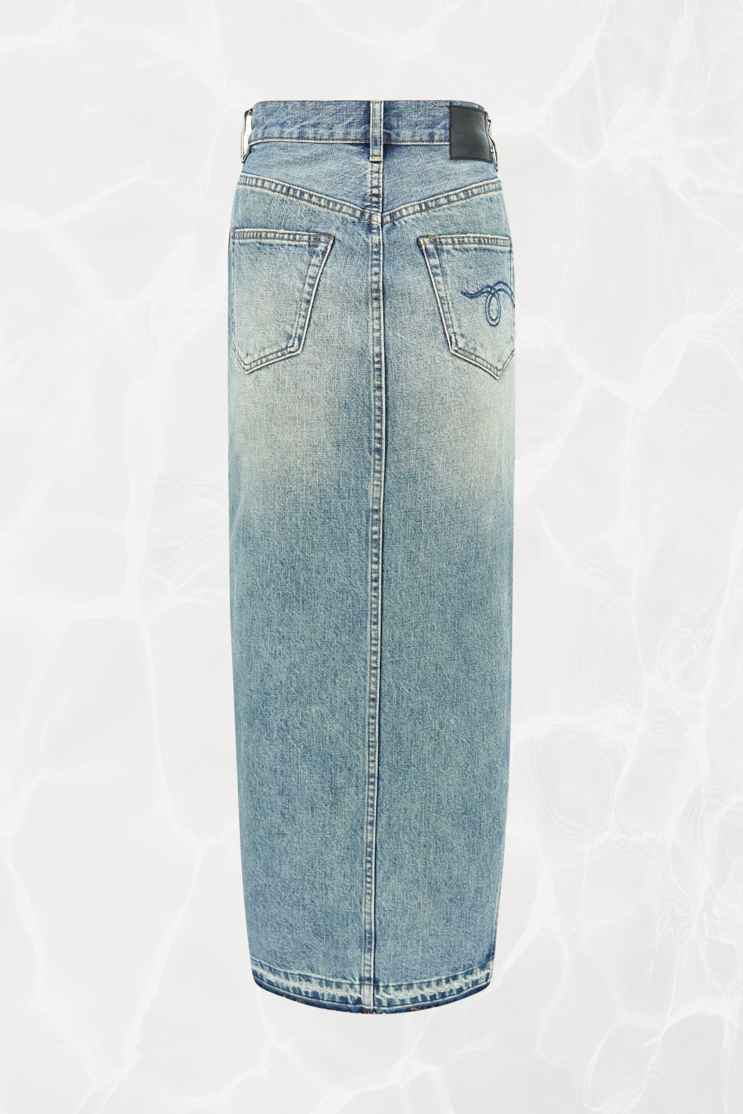 R13 denim maxi skirt, back view showing back slit and embroidery — Disco Palma