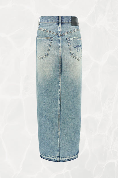 R13 denim maxi skirt, back view showing back slit and embroidery — Disco Palma
