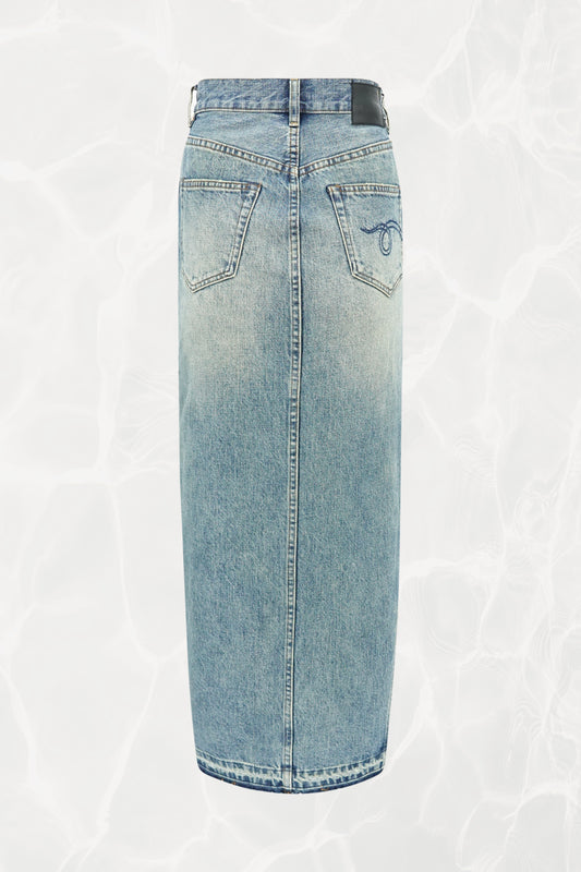 R13 denim maxi skirt, back view showing back slit and embroidery — Disco Palma