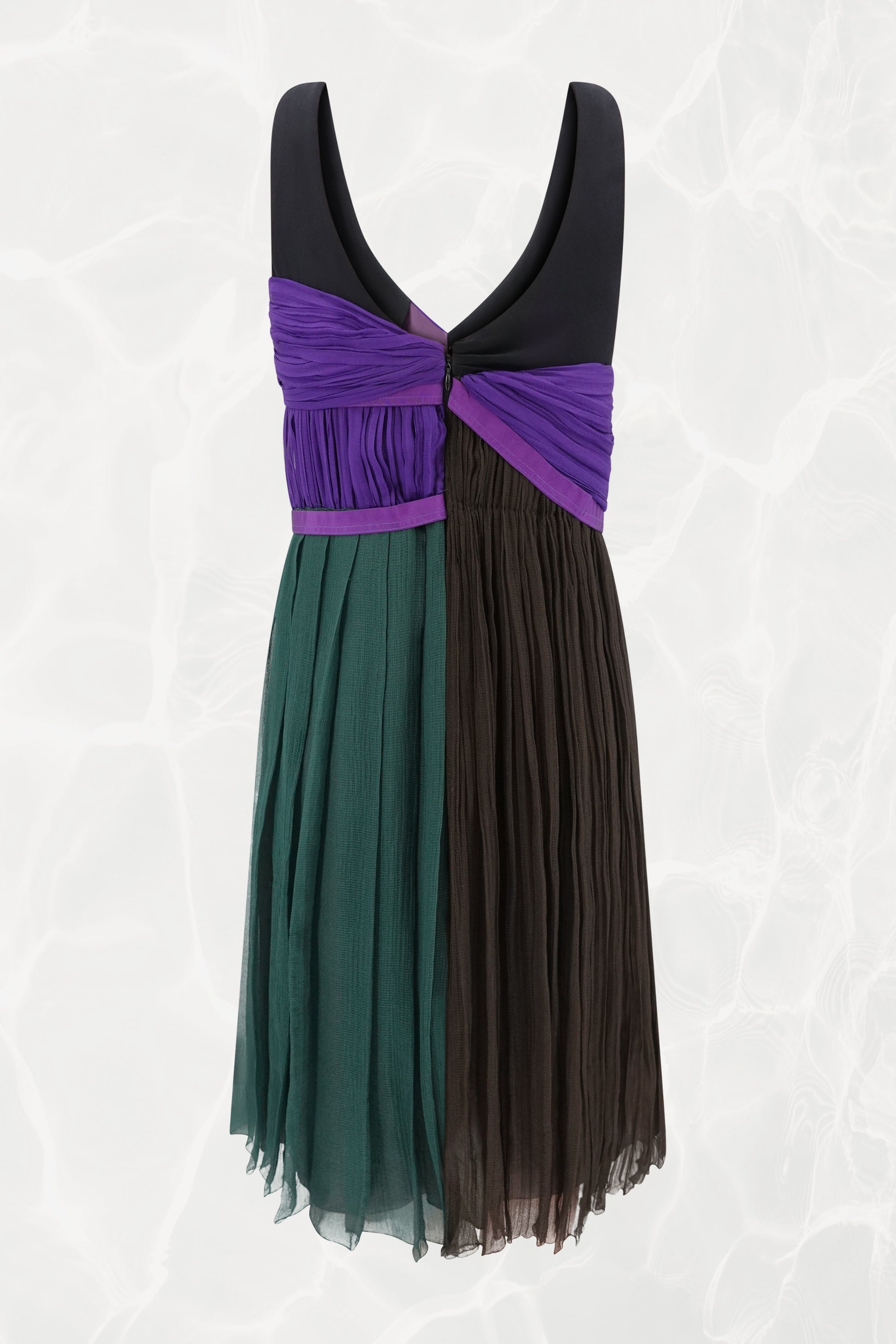 Vintage SS05 Pleated Draped Green & Purple Silk Chiffon Mini Dress