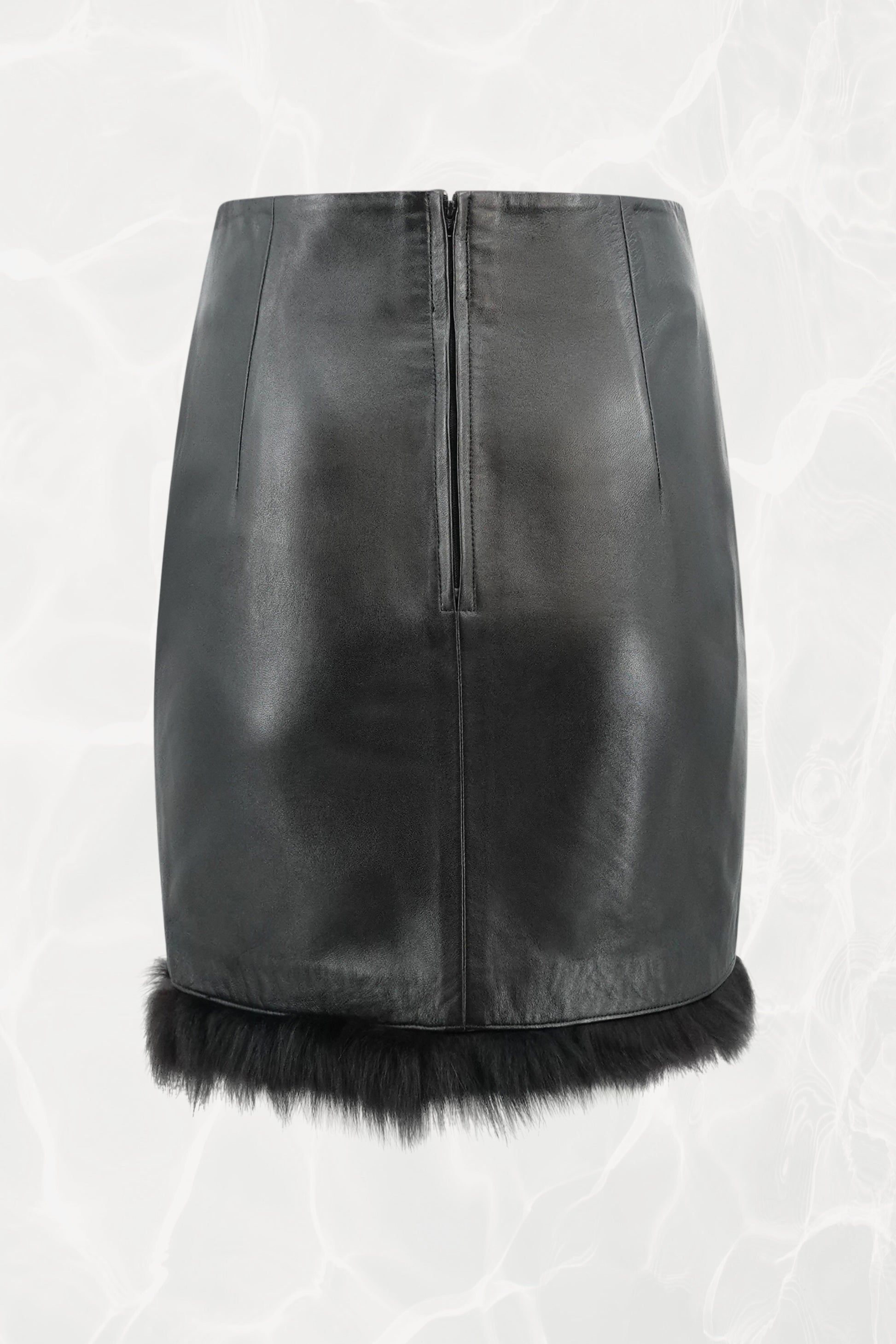 Vintage Black Lamb Leather Pencil Skirt with Fox Fur Trim