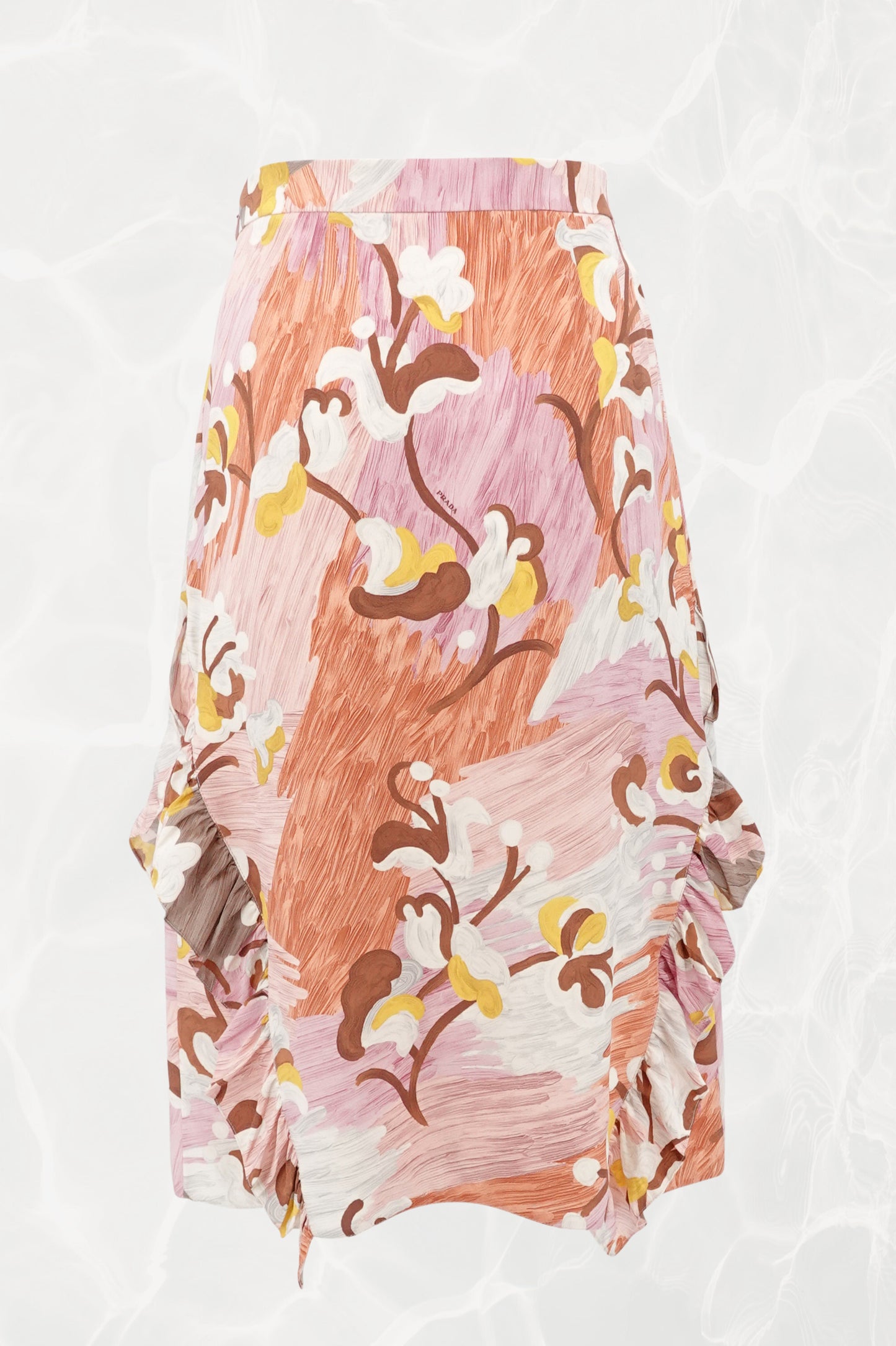 Vintage Floral Brushstroke Printed Silk Ruffle Midi Skirt
