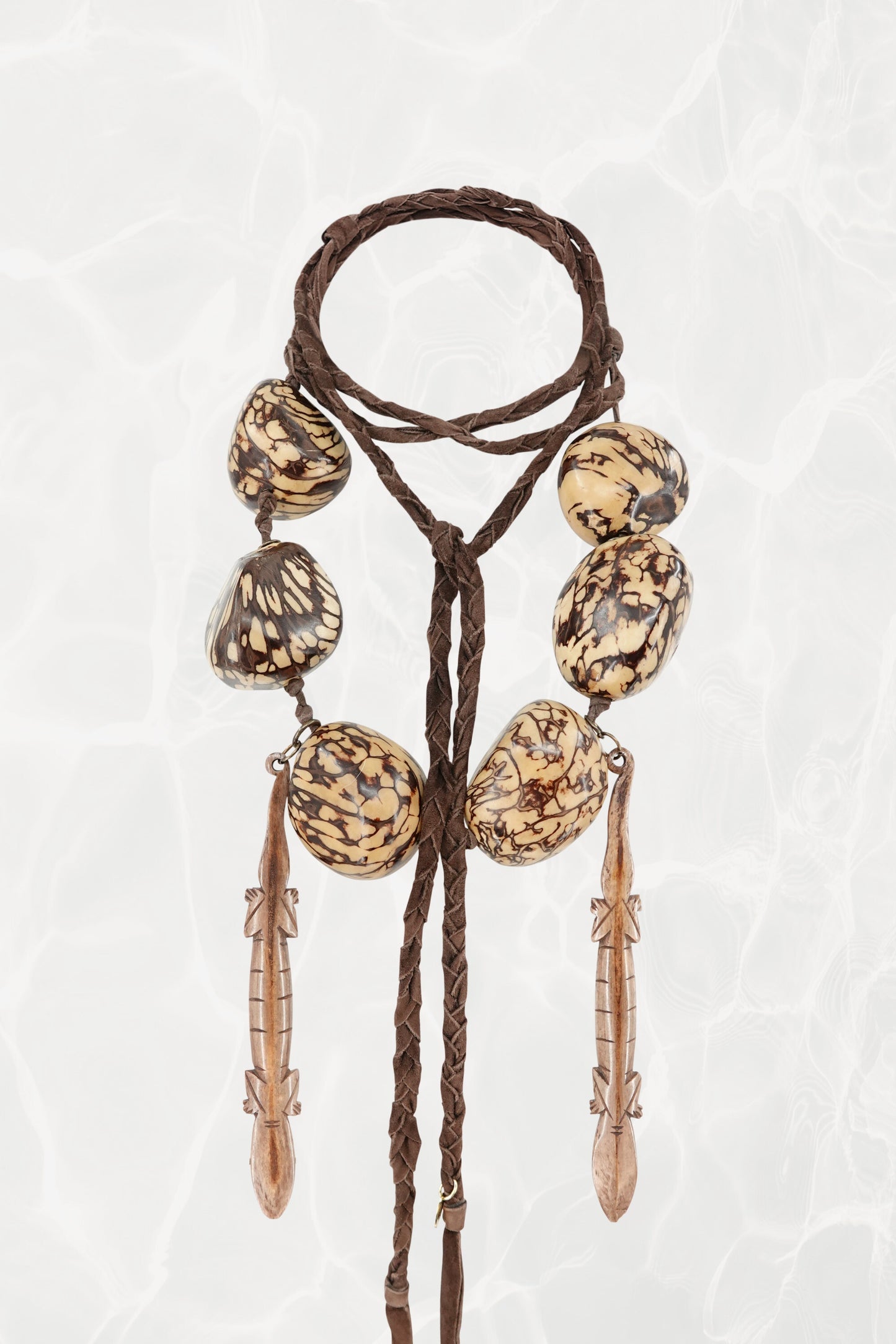 Vintage 1990s Tagua Nut Lariat Necklace with Carved Lizard Pendants