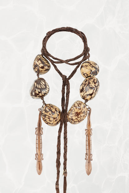 Vintage 1990s Tagua Nut Lariat Necklace with Carved Lizard Pendants