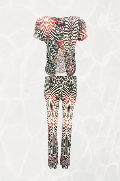 Jean Paul Gaultier JPG Jeans SS96 Cyberbaba 2-piece set back view: tribal tattoo print top and pants in black, white and red jersey knit, Spring/Summer 1996