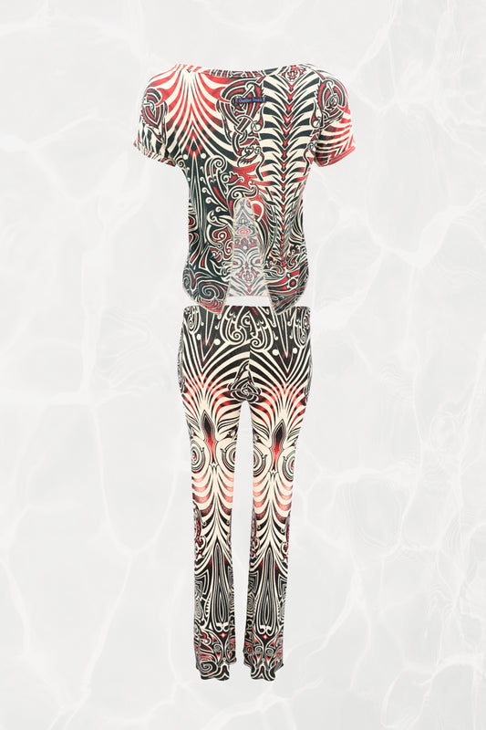 Jean Paul Gaultier JPG Jeans SS96 Cyberbaba 2-piece set back view: tribal tattoo print top and pants in black, white and red jersey knit, Spring/Summer 1996