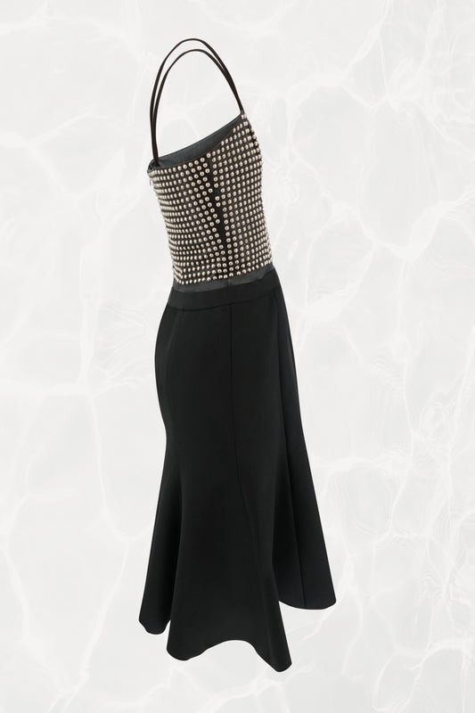 Loewe by Narciso Rodriguez AW01 studded leather dress back view: full metal-studded leather corset bodice revealing hidden back zip closure with black silk twill paneled flare skirt, AW2001