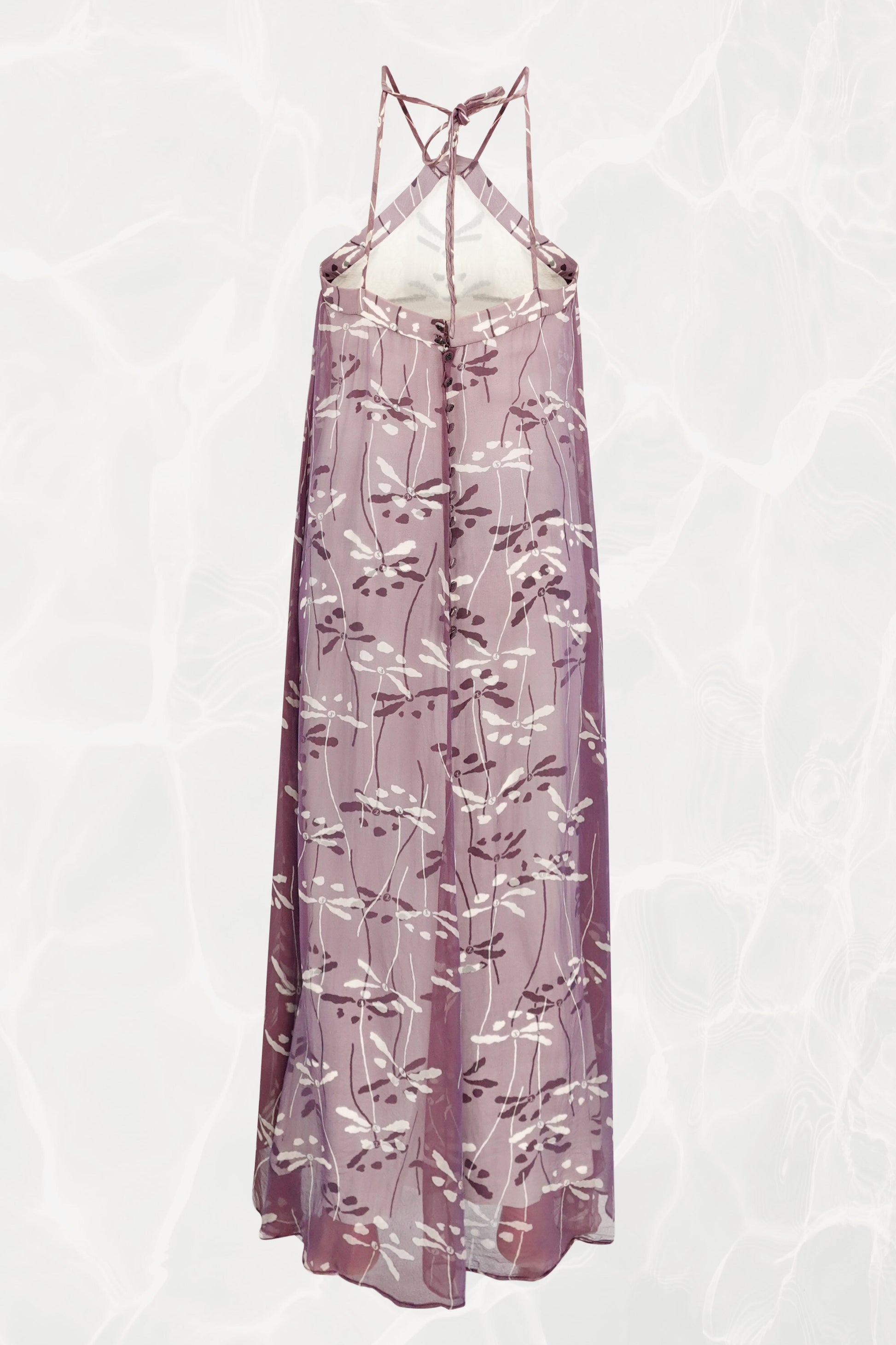 Chanel 98P dragonfly print maxi dress front view: criss-cross halter straps, sheer mauve silk chiffon overlay with allover dragonfly botanical print, full-length, Spring 1998