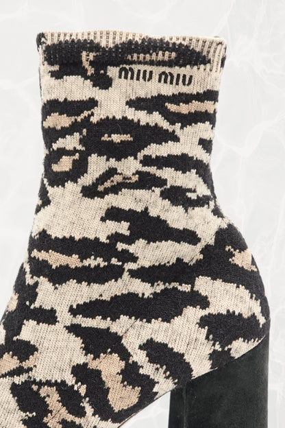 Leopard Print Jacquard Knit Ankle Sock Boots