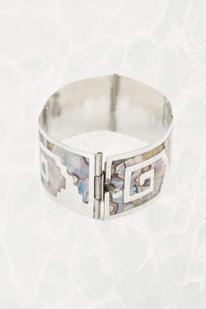 Vintage Taxco sterling silver Greek key abalone cuff worn and angled