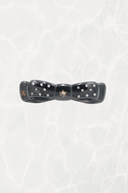 Alexandrine Paris rhinestone bow barrette — hero front view showing A logo and rhinestones