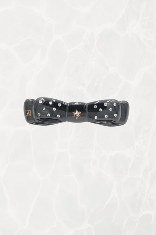 Alexandrine Paris rhinestone bow barrette — hero front view showing A logo and rhinestones