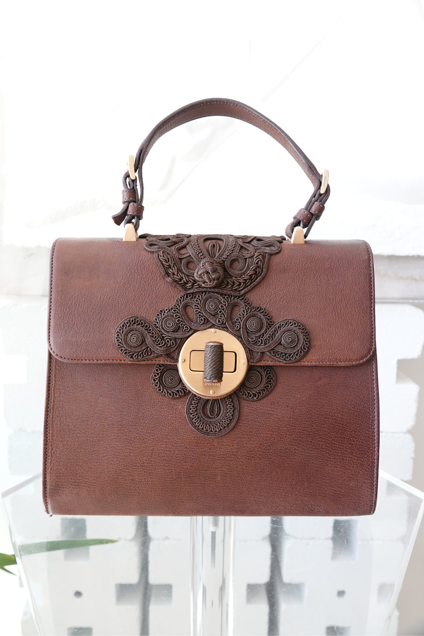 Vintage 1990s Prada Antic Passamane bag, three-quarter showroom view — Disco Palma