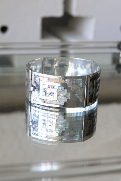 Vintage Mexican sterling silver Greek key abalone cuff bracelet styled on glass