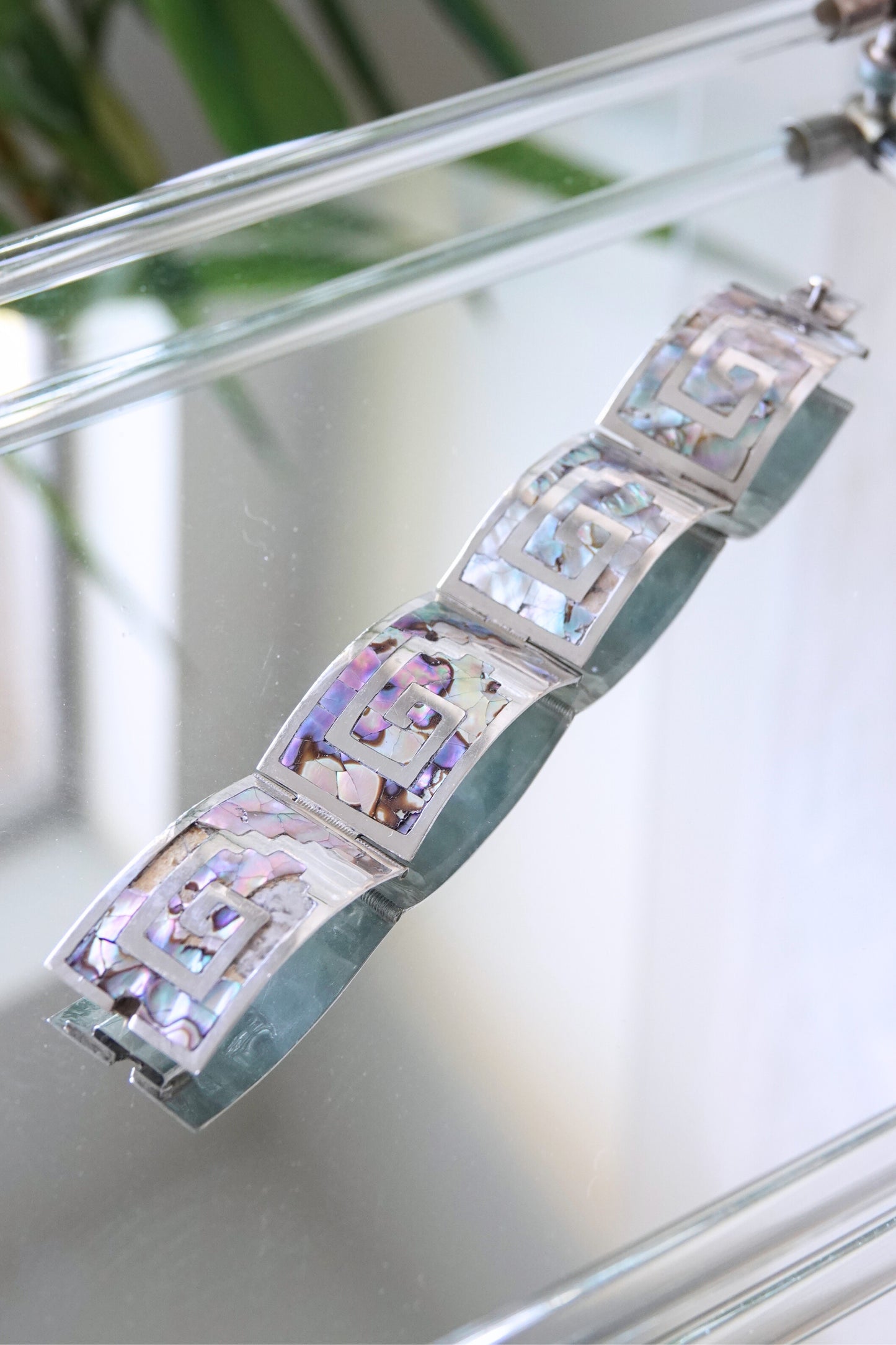 Vintage Taxco sterling silver Greek key abalone bracelet with shadow detail