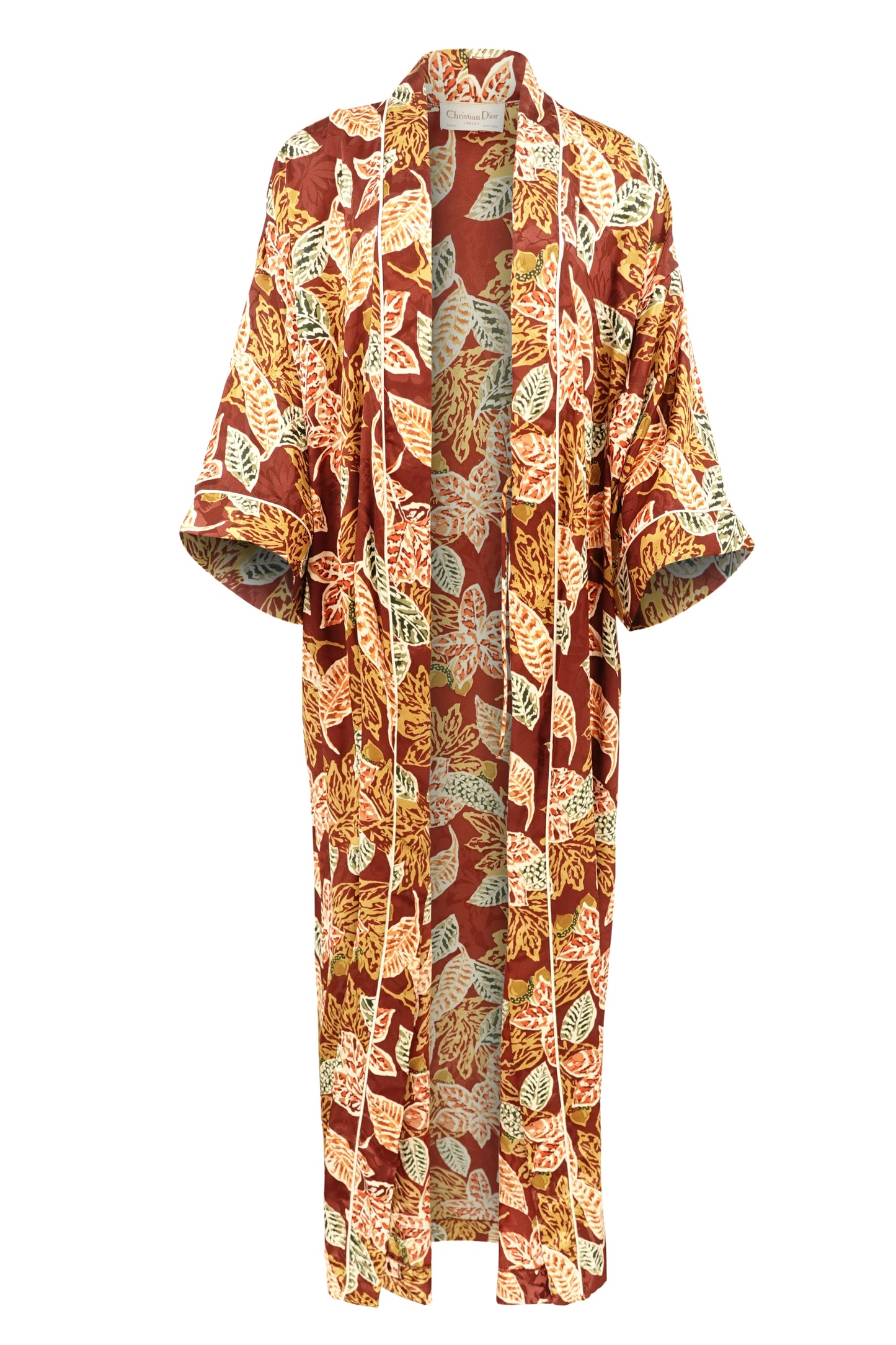 Christian Dior Lingerie autumn leaf print robe, front on hanger — Disco Palma