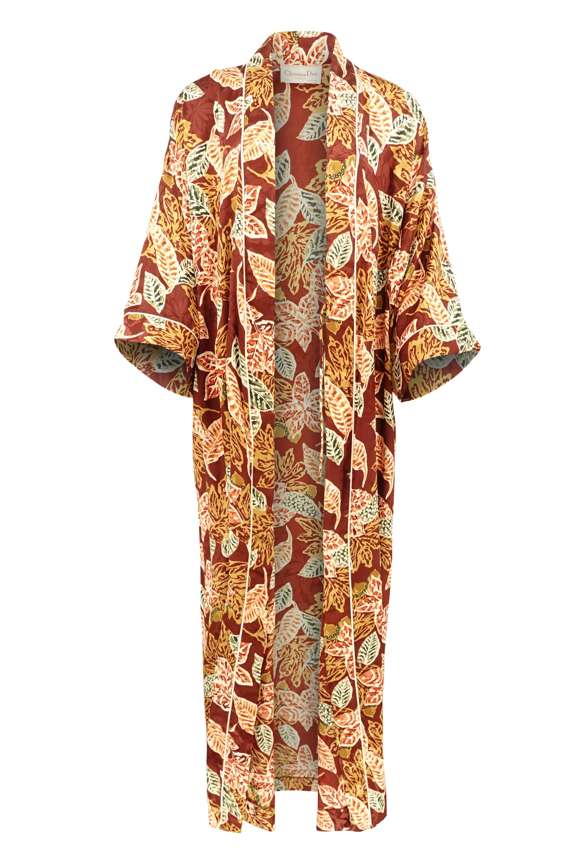 Christian Dior Lingerie autumn leaf print robe, front on hanger — Disco Palma