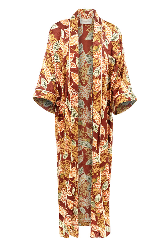 Christian Dior Lingerie autumn leaf print robe, front on hanger — Disco Palma