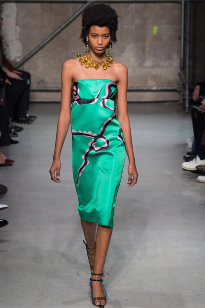 FW17 Runway Heart Blossom Print Green Duchesse Satin Bustier Dress