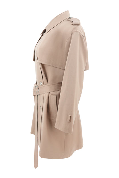 Vintage 1980s–90s Beige Wool Belted Cape Back Short Trench Coat