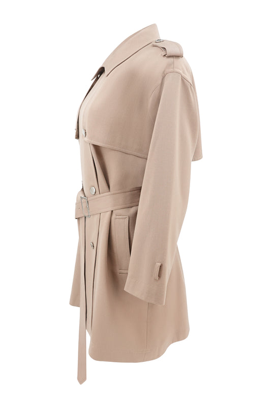 Vintage 1980s–90s Beige Wool Belted Cape Back Short Trench Coat