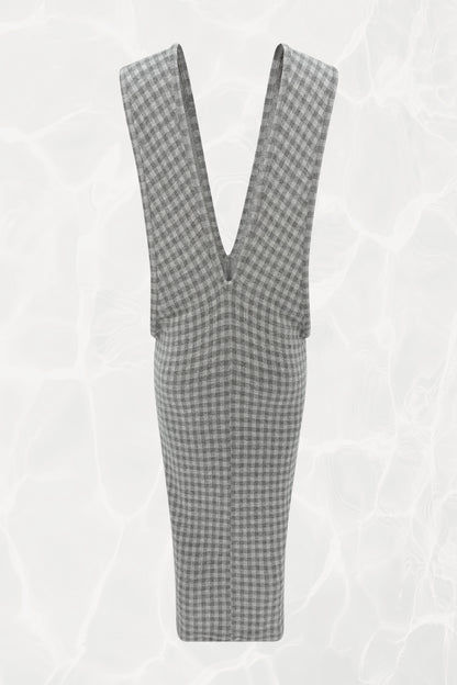80's Tricot CDG Grey Gingham Wool Blend Plunge Maxi Dress
