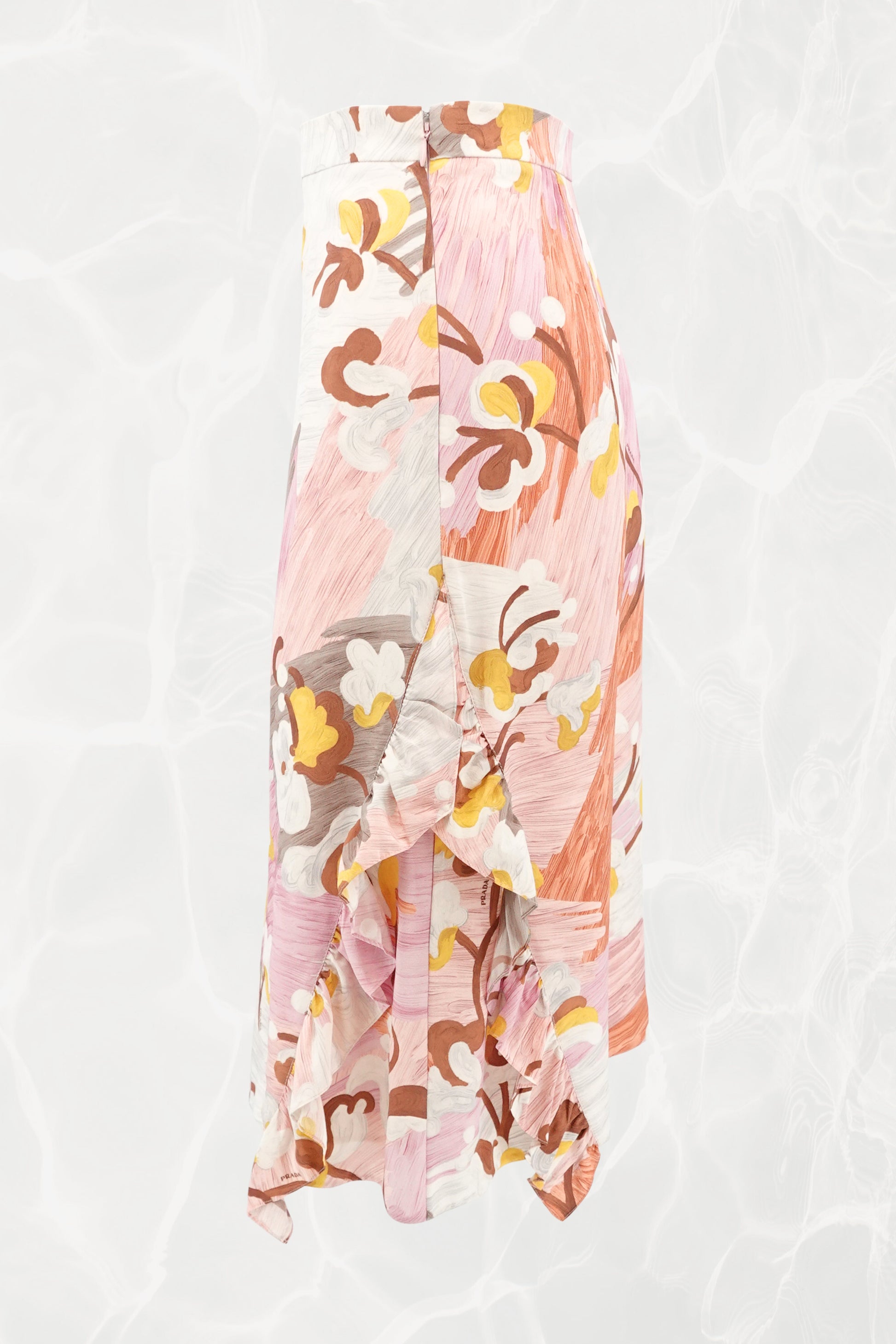 Vintage Floral Brushstroke Printed Silk Ruffle Midi Skirt