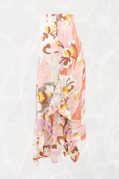 Vintage Floral Brushstroke Printed Silk Ruffle Midi Skirt