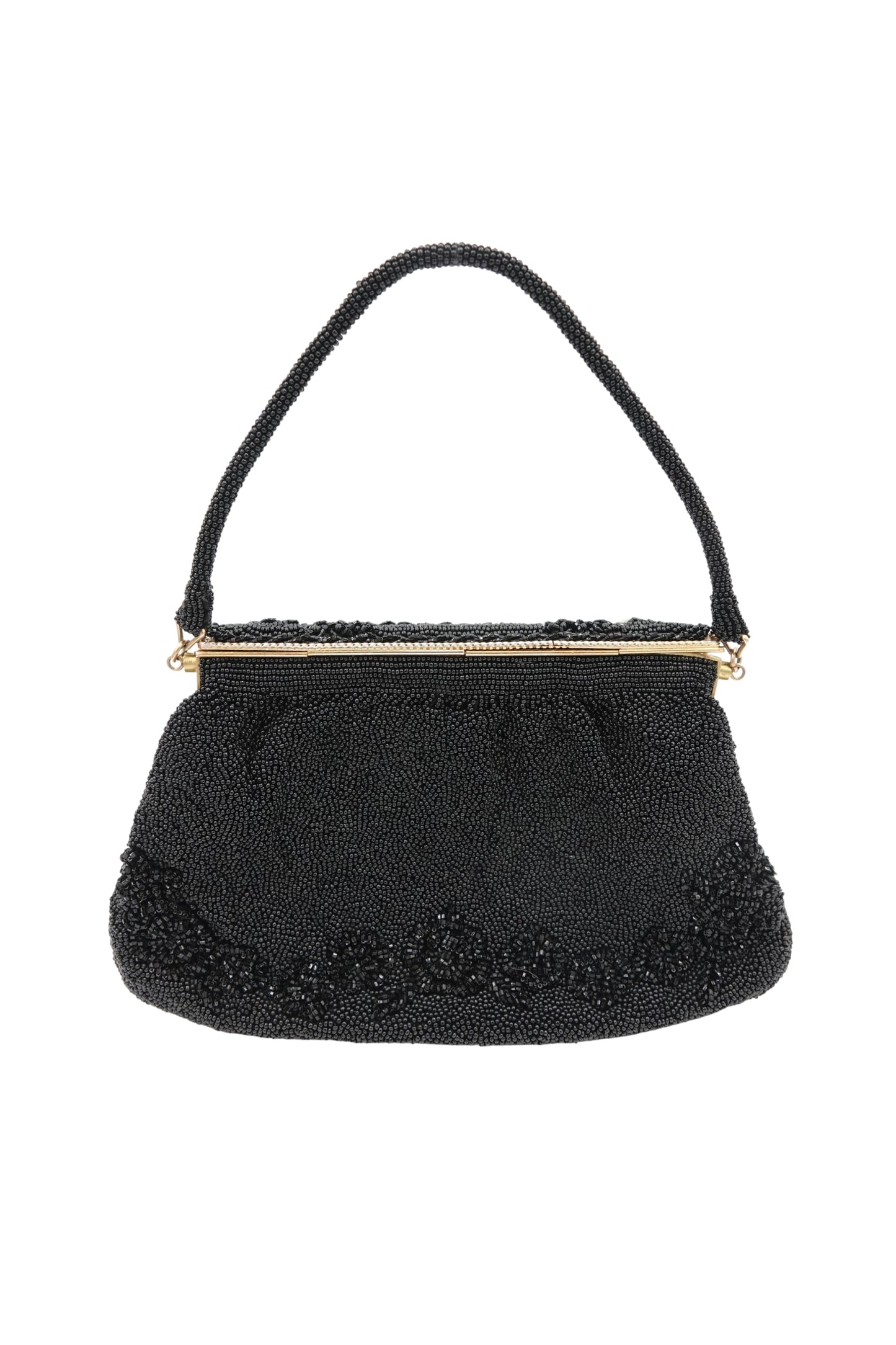 Vintage 1950s Black Seed Bead Evening Bag, Mother-of-Pearl Frame