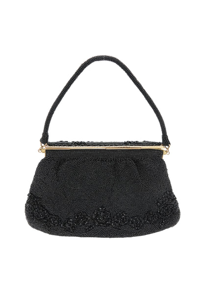Vintage 1950s Black Seed Bead Evening Bag, Mother-of-Pearl Frame