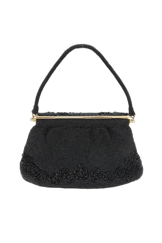 Vintage 1950s Black Seed Bead Evening Bag, Mother-of-Pearl Frame