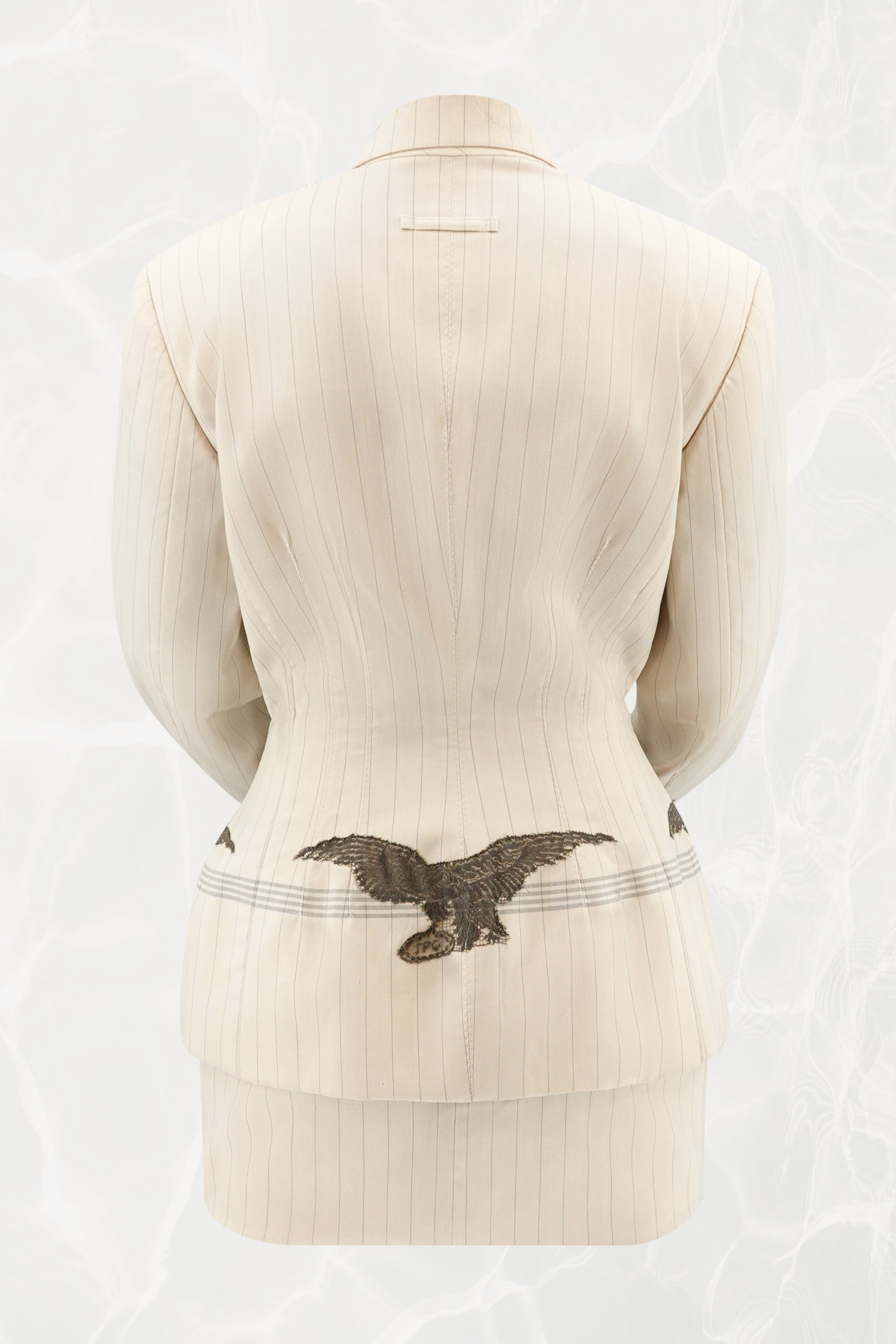 SS88 Pinstripe Tailored Skirt Suit with Lace Eagle Appliqué