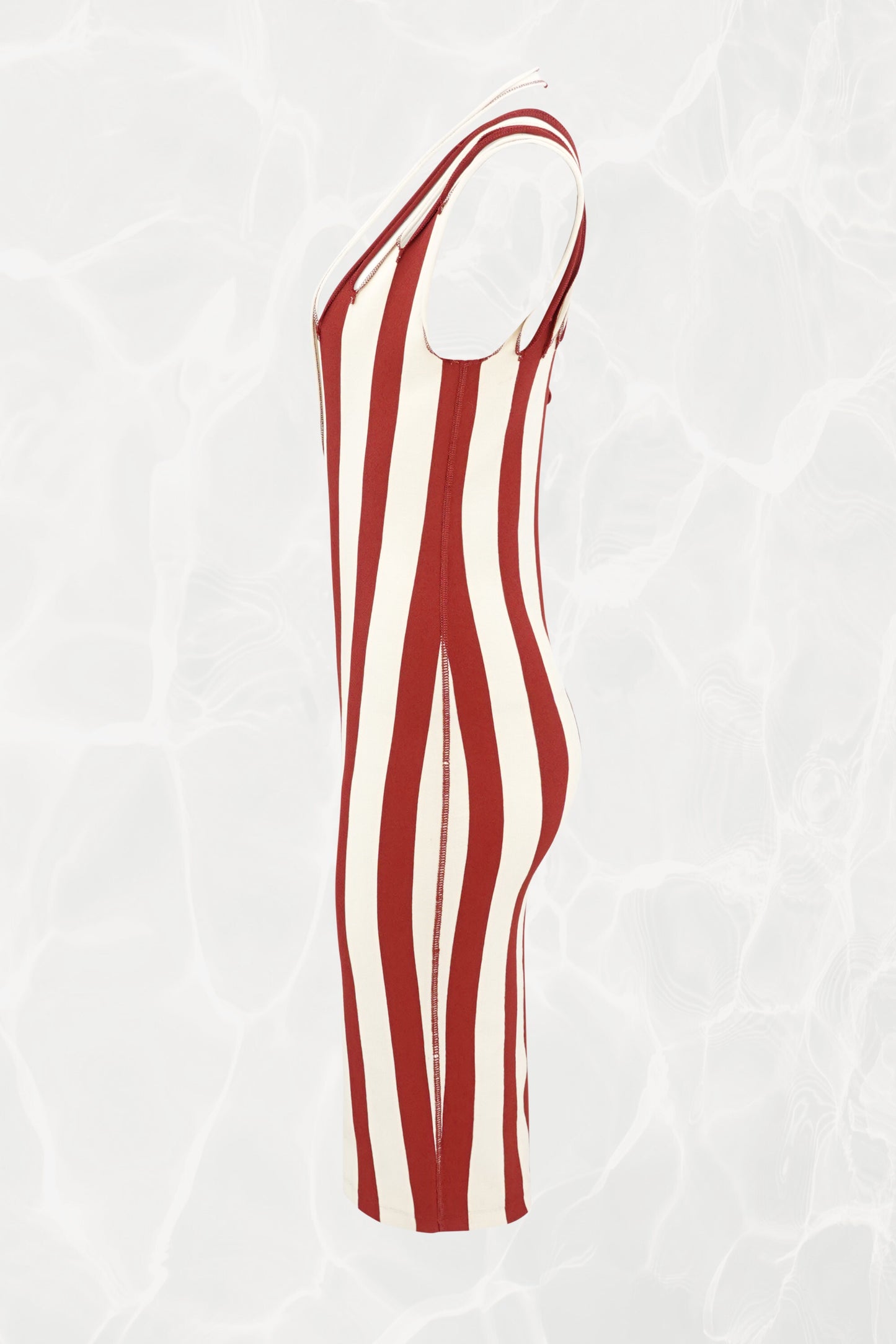 Jean Paul Gaultier Maille 1990s red and cream stripe bodycon midi dress, side view — Disco Palma