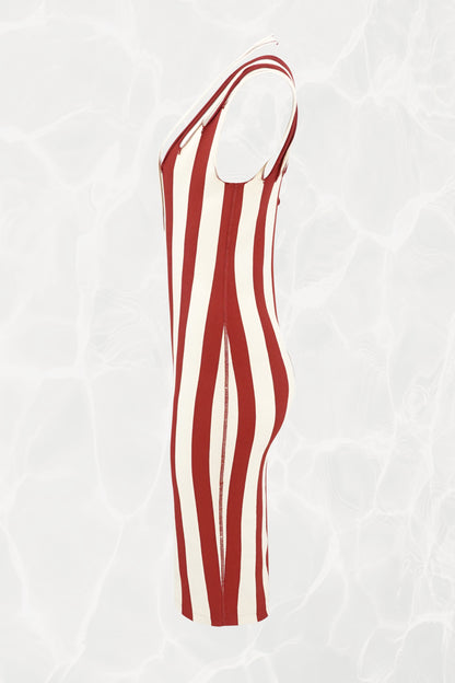 Jean Paul Gaultier Maille 1990s red and cream stripe bodycon midi dress, side view — Disco Palma